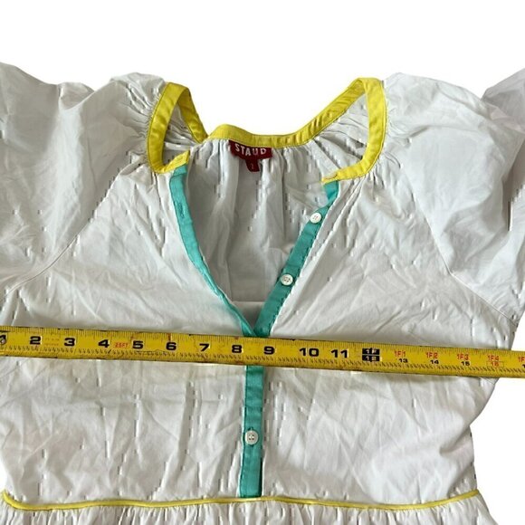 Staud Womens Dress 2 White Demi Maxi Puff Sleeve Button Tiered Zipped Pockets - Picture 9 of 16